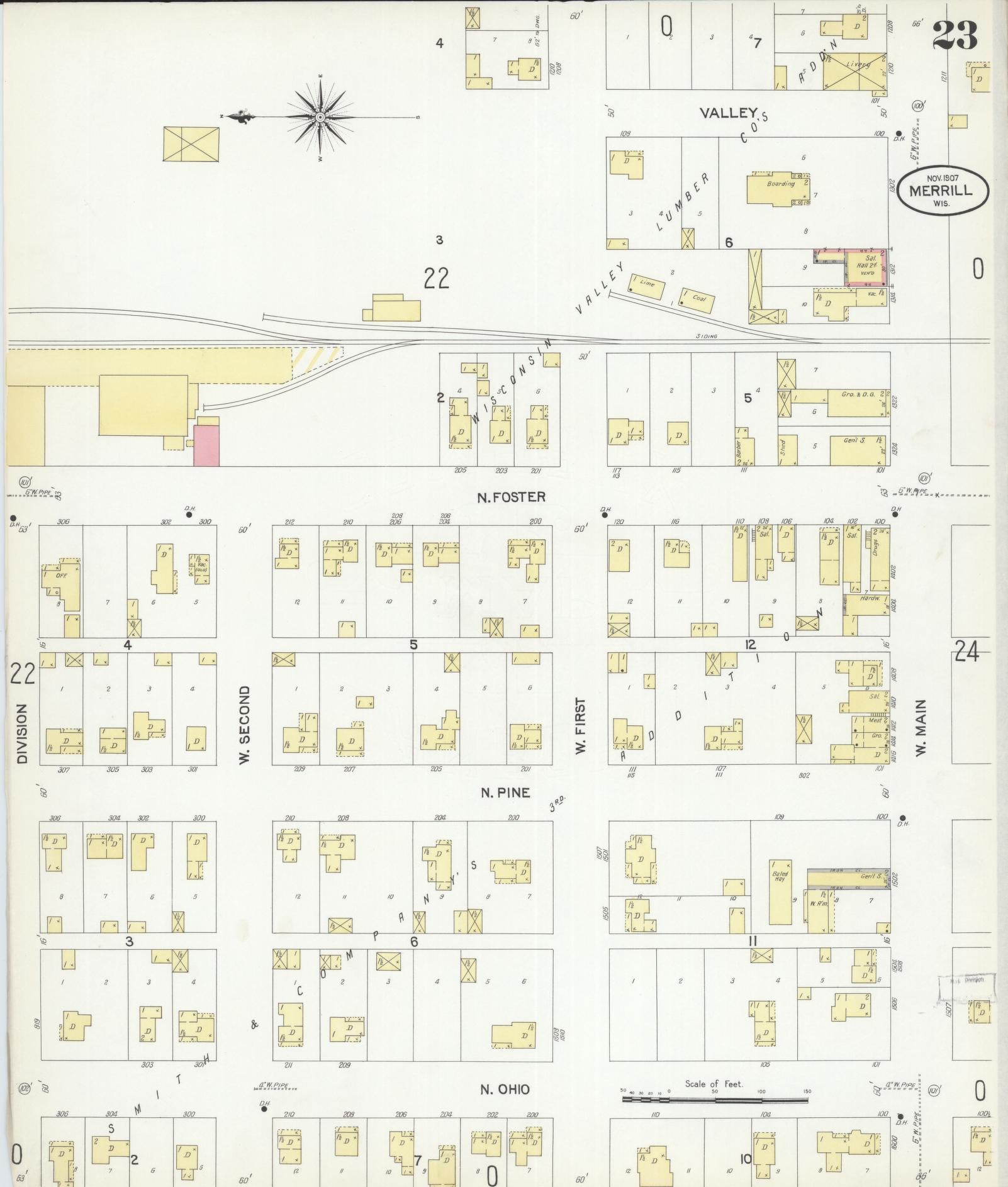 Sanborn Fire Insurance Map from Merrill, Lincoln County, Wisconsin (1907), Sheet #0023 - Historic Sanborn Fire Insurance Map Print, vintage old map wall art, antique decor, genealogy gift, Wisconsin Wisconsin map