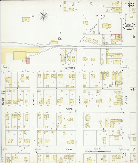 Sanborn Fire Insurance Map from Merrill, Lincoln County, Wisconsin (1907), Sheet #0023 - Historic Sanborn Fire Insurance Map Print, vintage old map wall art, antique decor, genealogy gift, Wisconsin Wisconsin map