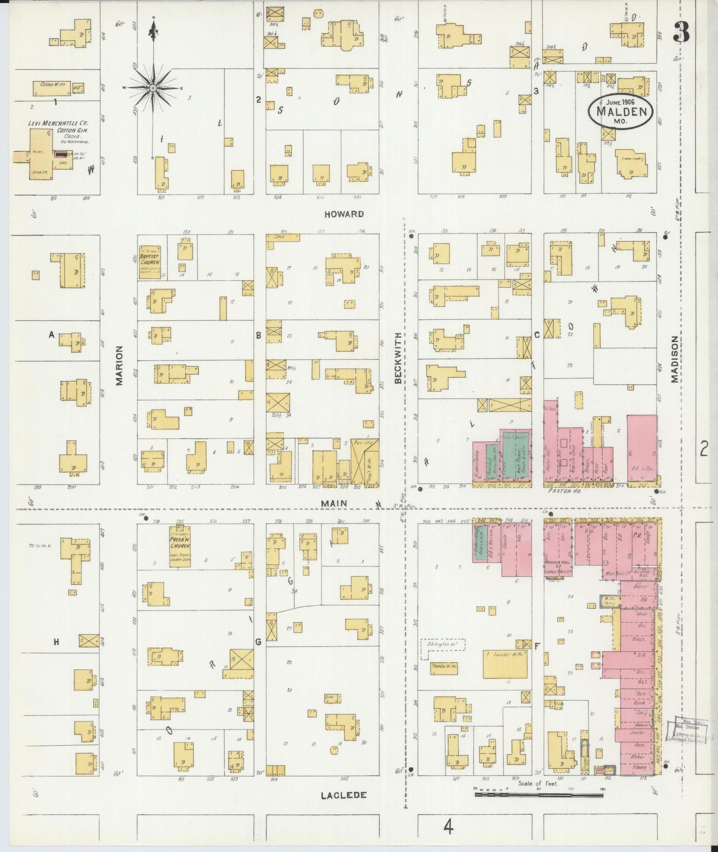 Sanborn Fire Insurance Map from Malden, Dunklin County, Missouri (1906), Sheet #0003 - Complete Map Set gallery image, historic Sanborn map, vintage wall art, Missouri Missouri