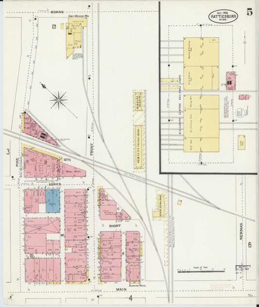 Sanborn Fire Insurance Map from Hattiesburg, Forrest County, Mississippi (1906), Sheet #0005 - Historic Sanborn Fire Insurance Map Print, vintage old map wall art, antique decor, genealogy gift, Mississippi Mississippi map