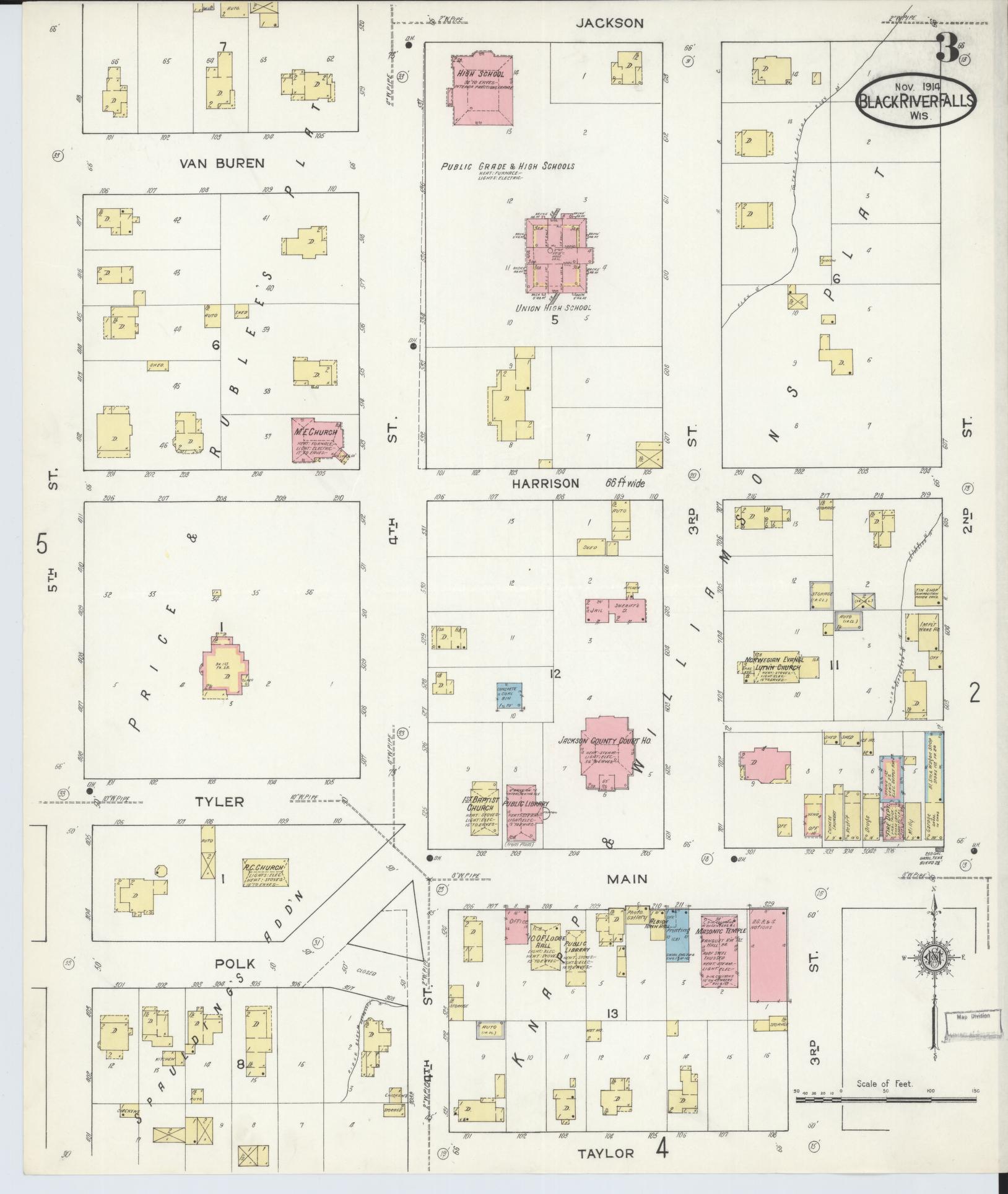 Sanborn Fire Insurance Map from Black River Falls, Jackson County, Wisconsin (1914), Sheet #0003 - Historic Sanborn Fire Insurance Map Print, vintage old map wall art, antique decor, genealogy gift, Wisconsin Wisconsin map