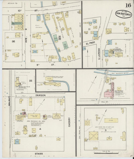Sanborn Fire Insurance Map from San Antonio, Bexar County, Texas (1888), Sheet #0016 - Historic Sanborn Fire Insurance Map Print, vintage old map wall art, antique decor, genealogy gift, Texas Texas map