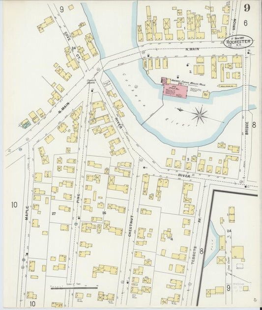 Sanborn Fire Insurance Map from Rochester, Strafford County, New Hampshire (1897), Sheet #0009 - Historic Sanborn Fire Insurance Map Print, vintage old map wall art, antique decor, genealogy gift, New Hampshire New Hampshire map