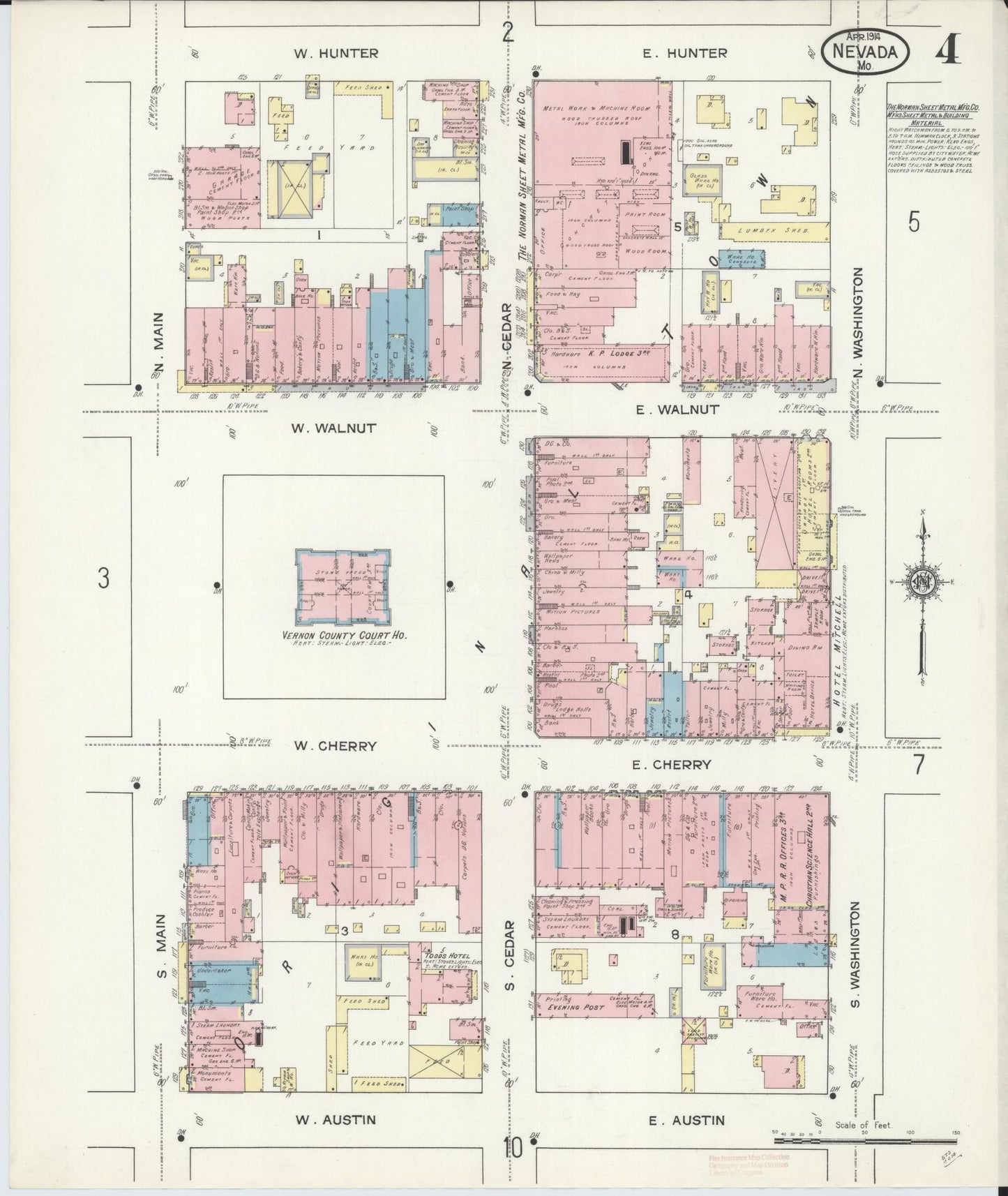 Sanborn Fire Insurance Map from Nevada, Vernon County, Missouri (1914), Sheet #0004 - Historic Sanborn Fire Insurance Map Print, vintage old map wall art, antique decor, genealogy gift, Nevada Nevada map