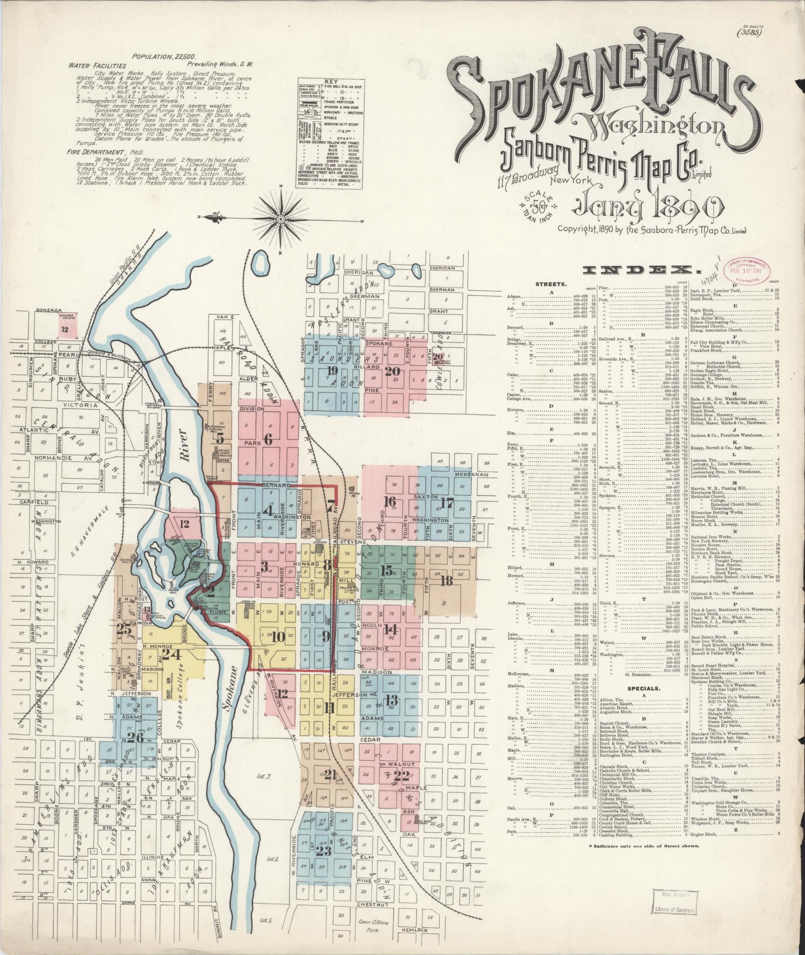 Sanborn Fire Insurance Map from Spokane, Spokane County, Washington (1890), Sheet #0001 - Historic Sanborn Fire Insurance Map Print, vintage old map wall art, antique decor, genealogy gift, Washington Washington map