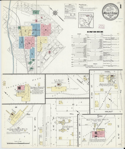 Sanborn Fire Insurance Map from Walnut Ridge, Lawrence County, Arkansas (1914), Sheet #0001 - Historic Sanborn Fire Insurance Map Print, vintage old map wall art, antique decor, genealogy gift, Arkansas Arkansas map