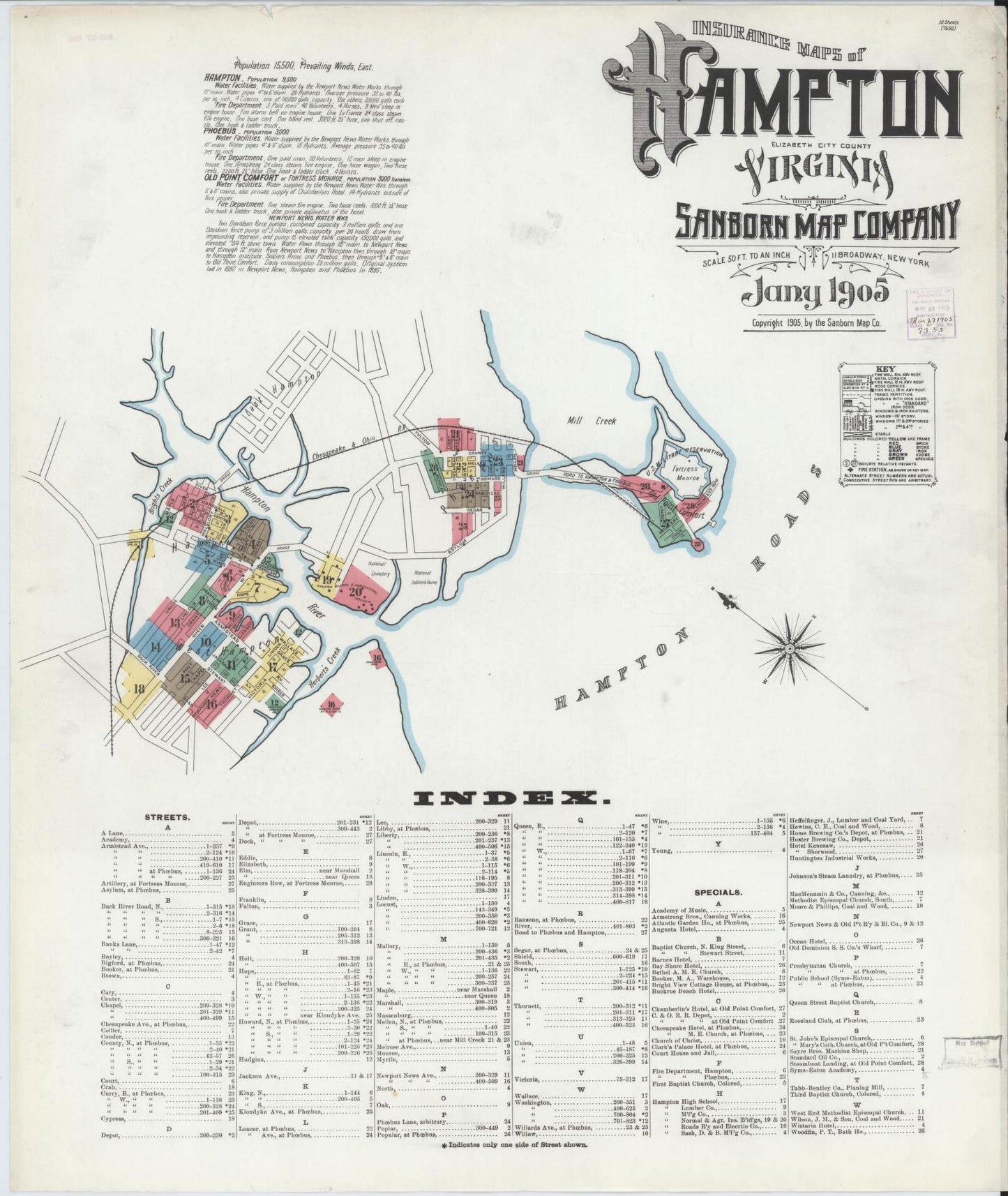 Sanborn Fire Insurance Map from Hampton, Independent Cities, Virginia (1905), Sheet #0001 - Complete Map Set gallery image, historic Sanborn map, vintage wall art, Virginia Virginia