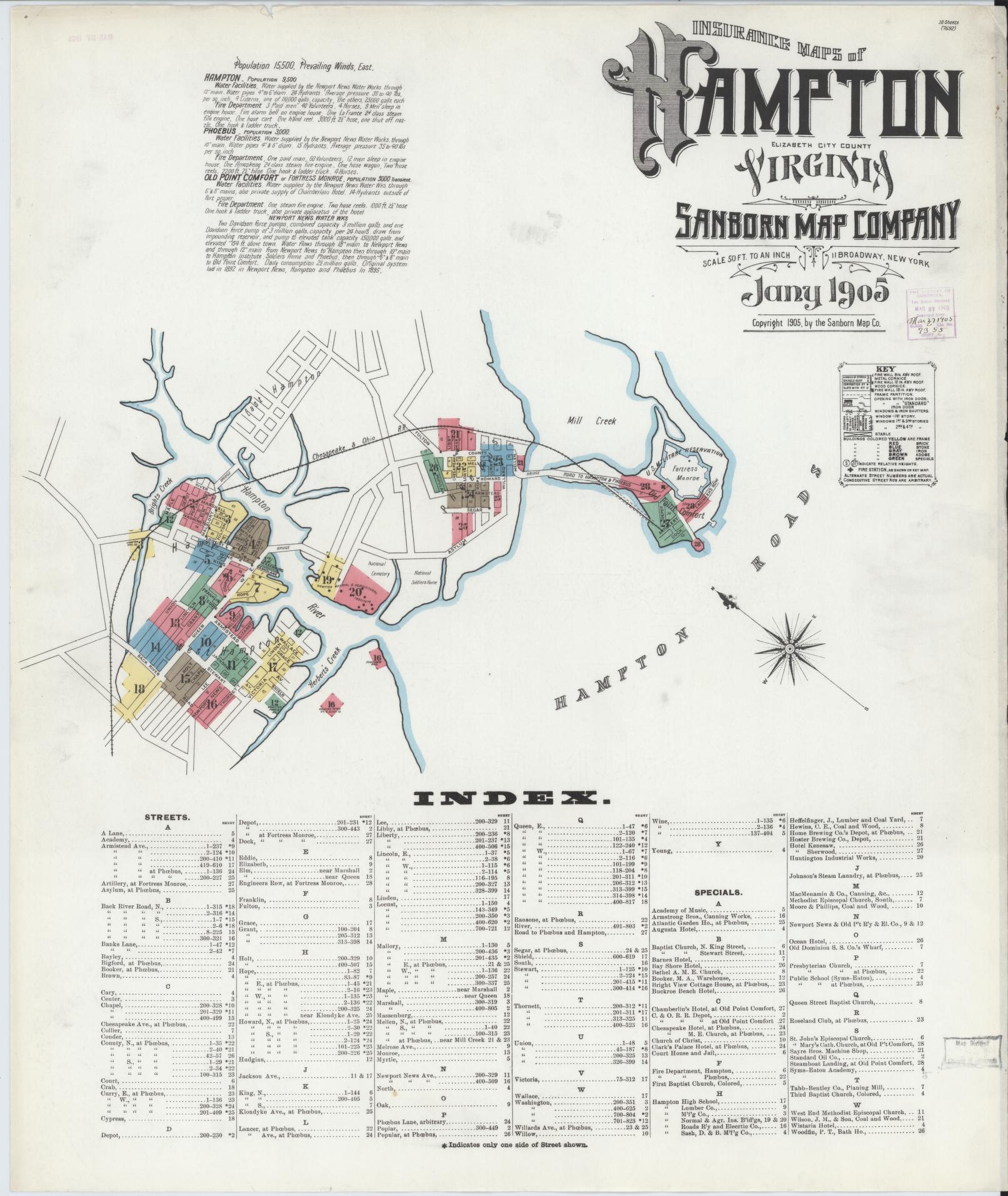 Sanborn Fire Insurance Map from Hampton, Independent Cities, Virginia (1905), Sheet #0001 - Complete Map Set gallery image, historic Sanborn map, vintage wall art, Virginia Virginia