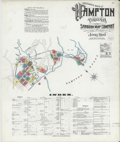 Sanborn Fire Insurance Map from Hampton, Independent Cities, Virginia (1905), Sheet #0001 - Complete Map Set gallery image, historic Sanborn map, vintage wall art, Virginia Virginia