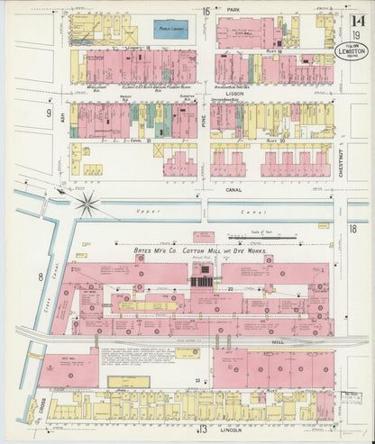Sanborn Fire Insurance Map from Lewiston, Androscoggin County, Maine (1908), Sheet #0014 - Complete Map Set gallery image, historic Sanborn map, vintage wall art, Maine Maine