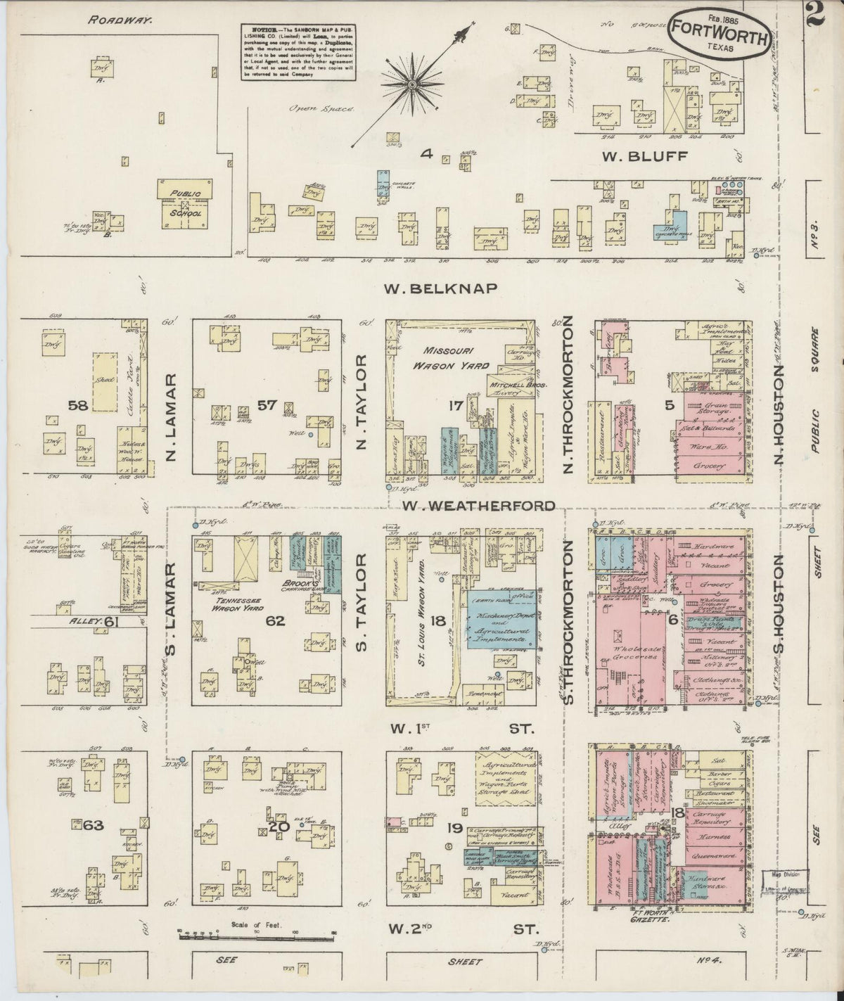Sanborn Fire Insurance Map from Fort Worth, Tarrant County, Texas (1885), Sheet #0002 - Complete Map Set gallery image, historic Sanborn map, vintage wall art, Texas Texas