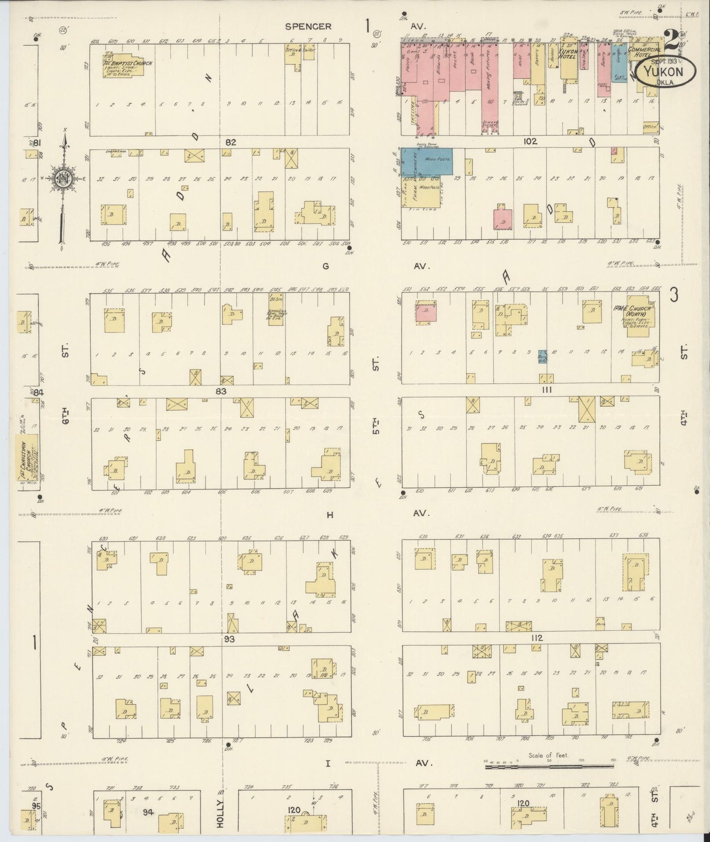 Sanborn Fire Insurance Map from Yukon, Canadian County, Oklahoma (1913), Sheet #0002 - Historic Sanborn Fire Insurance Map Print, vintage old map wall art, antique decor, genealogy gift, Oklahoma Oklahoma map