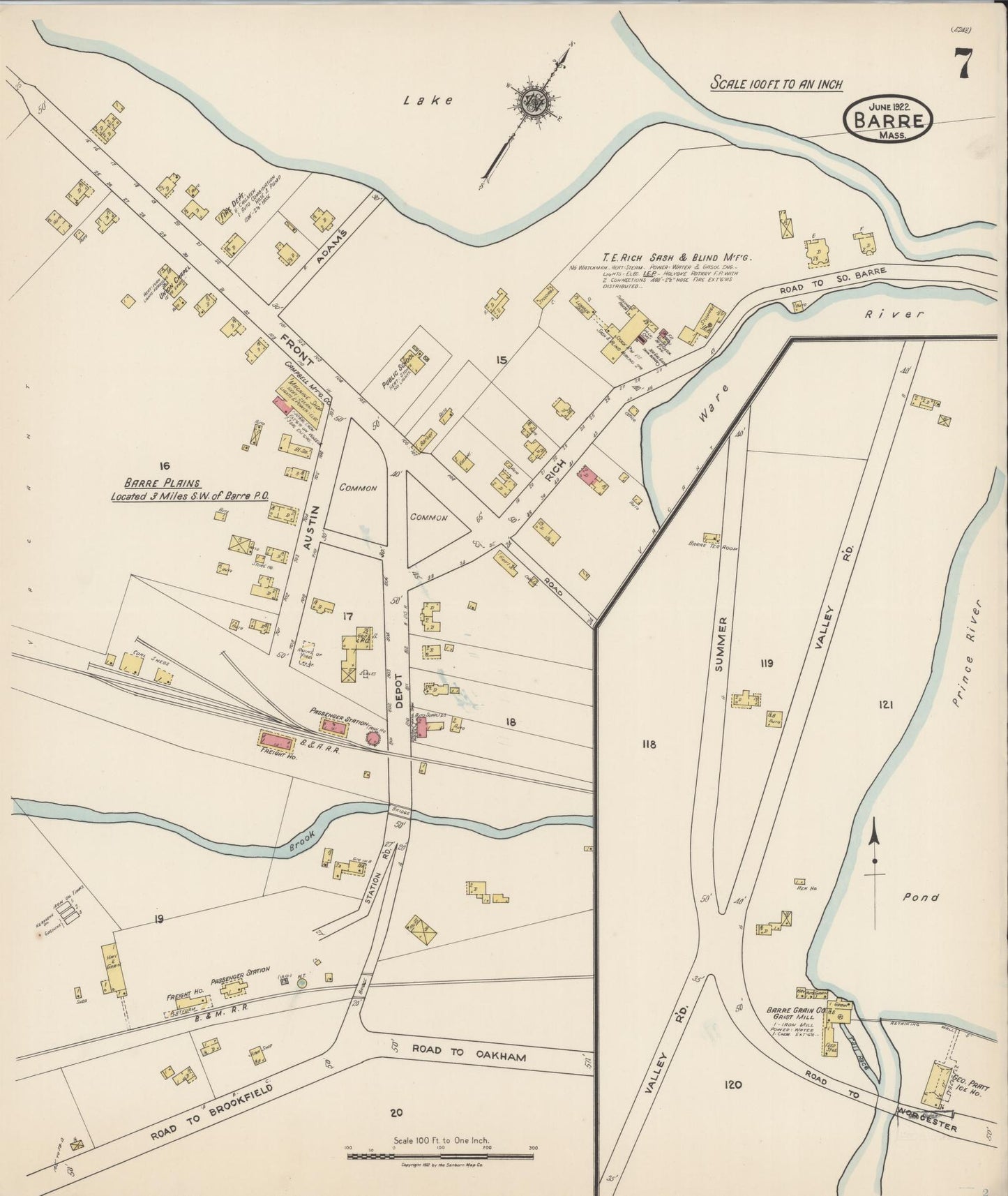 Sanborn Fire Insurance Map from Barre, Worcester County, Massachusetts (1922), Sheet #0007 - Historic Sanborn Fire Insurance Map Print, vintage old map wall art, antique decor, genealogy gift, Massachusetts Massachusetts map