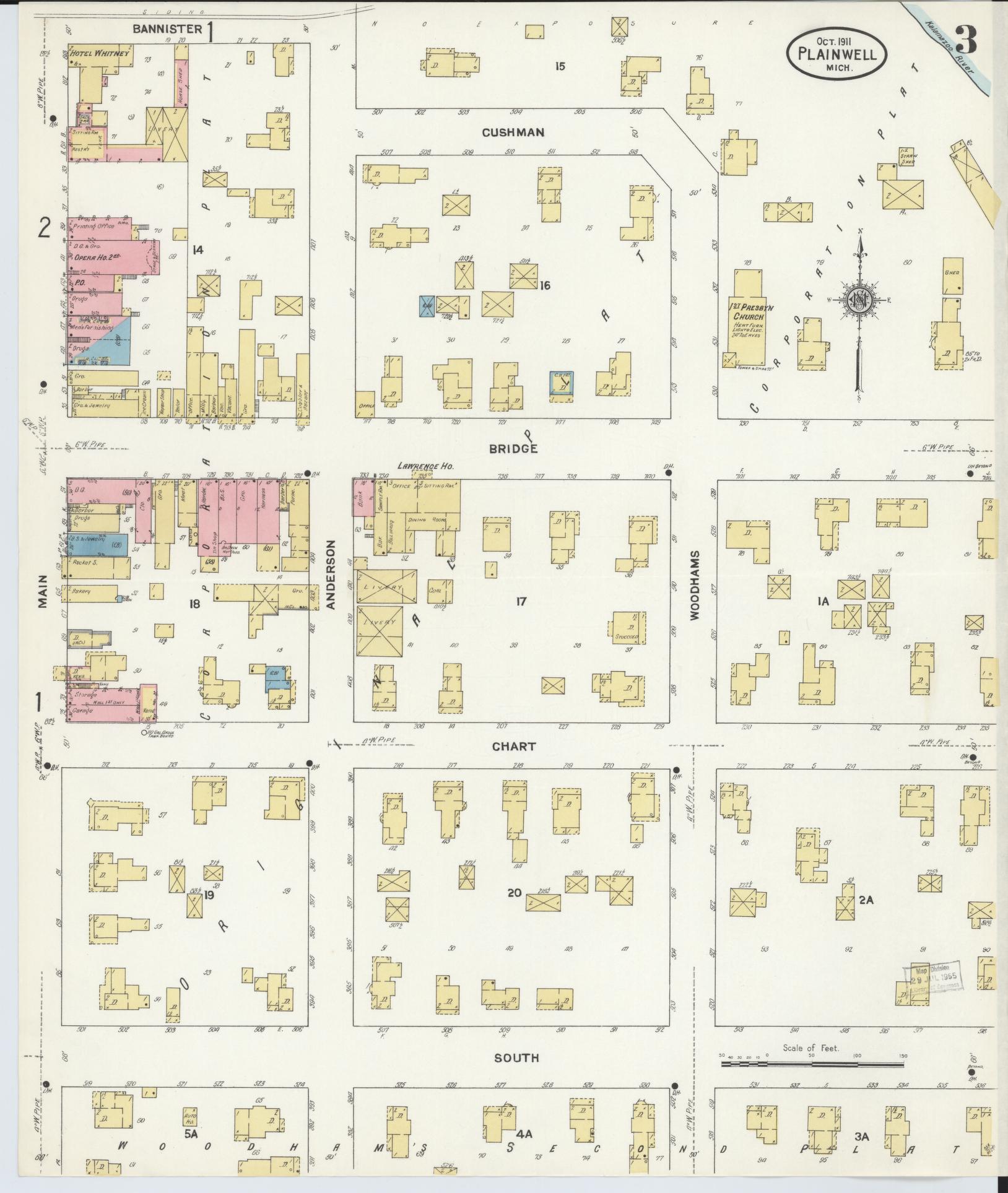 Sanborn Fire Insurance Map from Plainwell, Allegan County, Michigan (1911), Sheet #0003 - Complete Map Set gallery image, historic Sanborn map, vintage wall art, Michigan Michigan