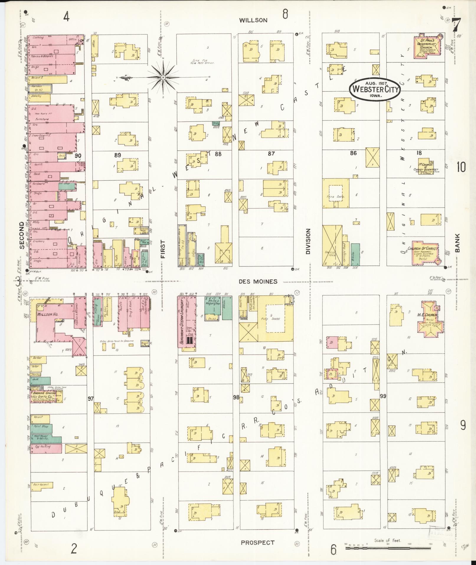 Sanborn Fire Insurance Map from Webster City, Hamilton County, Iowa (1907), Sheet #0007 - Historic Sanborn Fire Insurance Map Print, vintage old map wall art