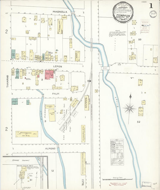 Sanborn Fire Insurance Map from Compton, Los Angeles County, California (1900), Sheet #0001 - Complete Map Set gallery image, historic Sanborn map, vintage wall art, California California