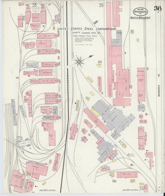 Sanborn Fire Insurance Map from Braddock, Allegheny County, Pennsylvania (1908), Sheet #0036 - Historic Sanborn Fire Insurance Map Print, vintage old map wall art, antique decor, genealogy gift, Pennsylvania Pennsylvania map