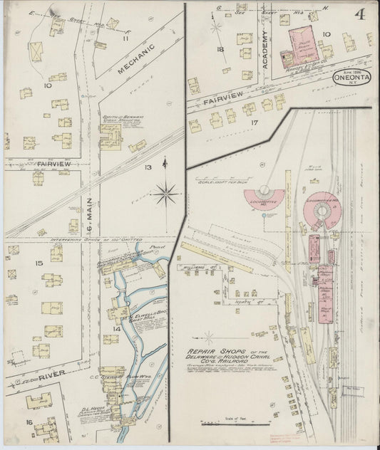 Sanborn Fire Insurance Map from Oneonta, Otsego County, New York (1886), Sheet #0004 - Historic Sanborn Fire Insurance Map Print, vintage old map wall art, antique decor, genealogy gift, New York New York map