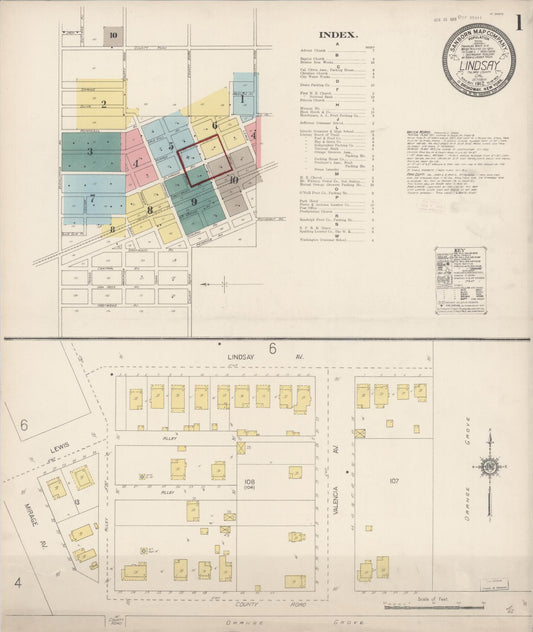 Sanborn Fire Insurance Map from Lindsay, Tulare County, California (1912), Sheet #0001 - Complete Map Set gallery image, historic Sanborn map, vintage wall art, California California