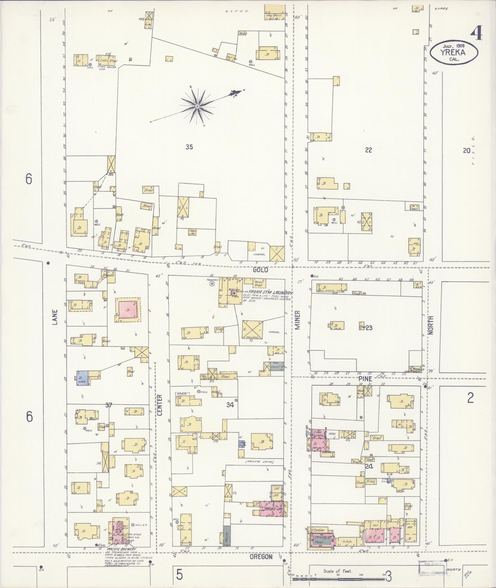 Sanborn Fire Insurance Map from Yreka, Siskiyou County, California (1908), Sheet #0004 - Complete Map Set gallery image, historic Sanborn map, vintage wall art, California California