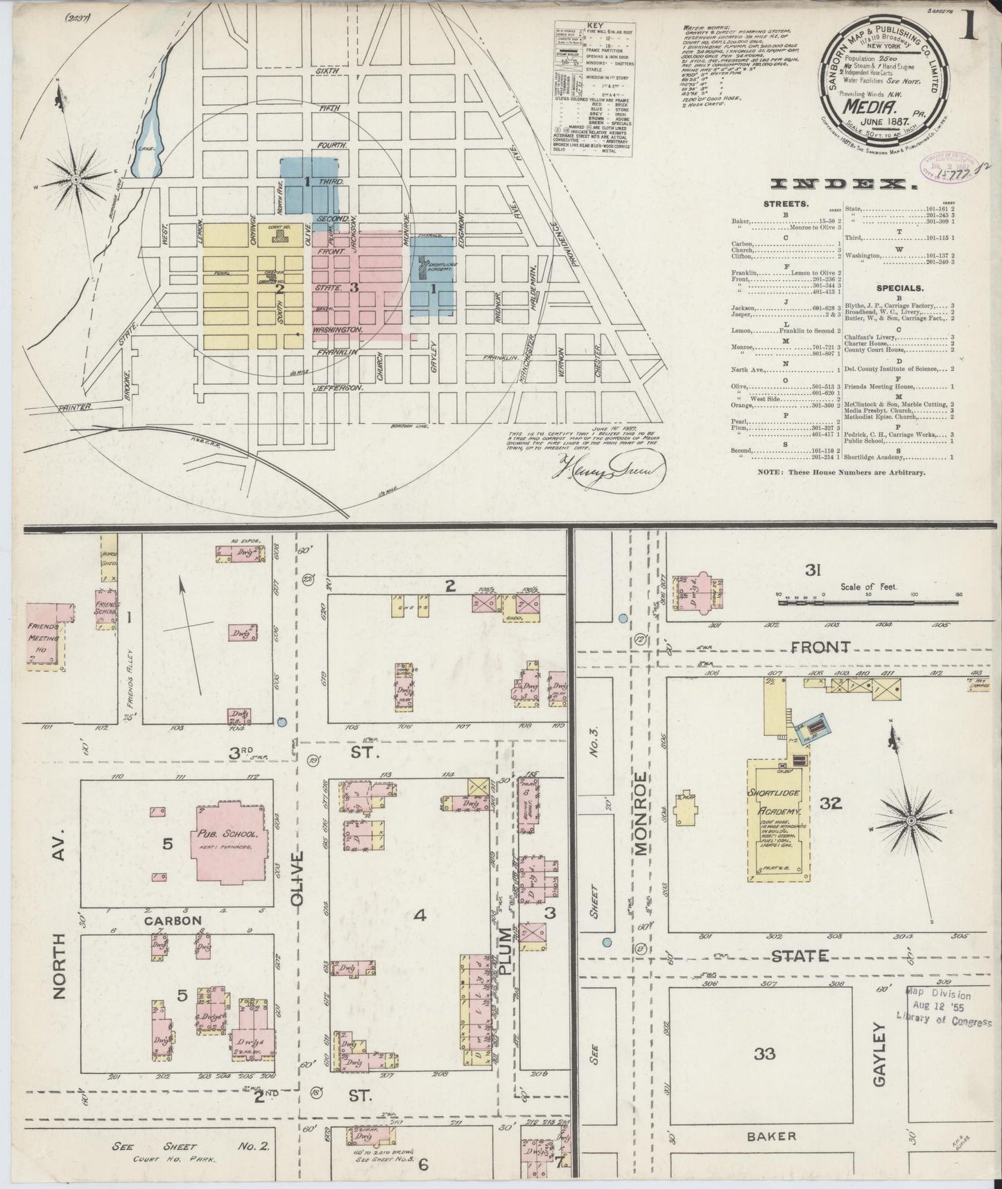 Sanborn Fire Insurance Map from Media, Delaware County, Pennsylvania (1887), Sheet #0001 - Historic Sanborn Fire Insurance Map Print, vintage old map wall art, antique decor, genealogy gift, Pennsylvania Pennsylvania map