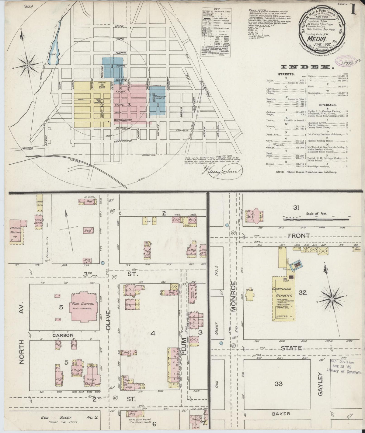 Sanborn Fire Insurance Map from Media, Delaware County, Pennsylvania (1887), Sheet #0001 - Historic Sanborn Fire Insurance Map Print, vintage old map wall art, antique decor, genealogy gift, Pennsylvania Pennsylvania map