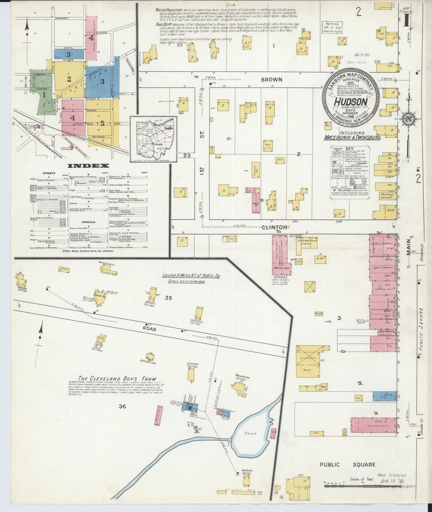 Sanborn Fire Insurance Map from Hudson, Summit County, Ohio (1916), Sheet #0001 - Historic Sanborn Fire Insurance Map Print, vintage old map wall art, antique decor, genealogy gift, Ohio Ohio map