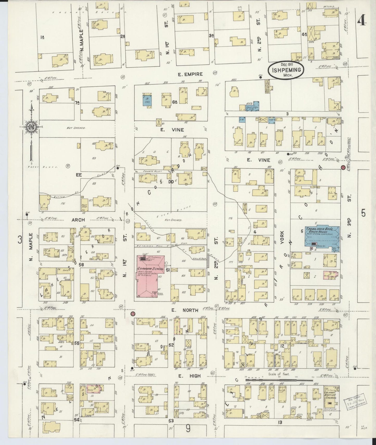 Sanborn Fire Insurance Map from Ishpeming, Marquette County, Michigan (1911), Sheet #0004 - Historic Sanborn Fire Insurance Map Print, vintage old map wall art, antique decor, genealogy gift, Michigan Michigan map