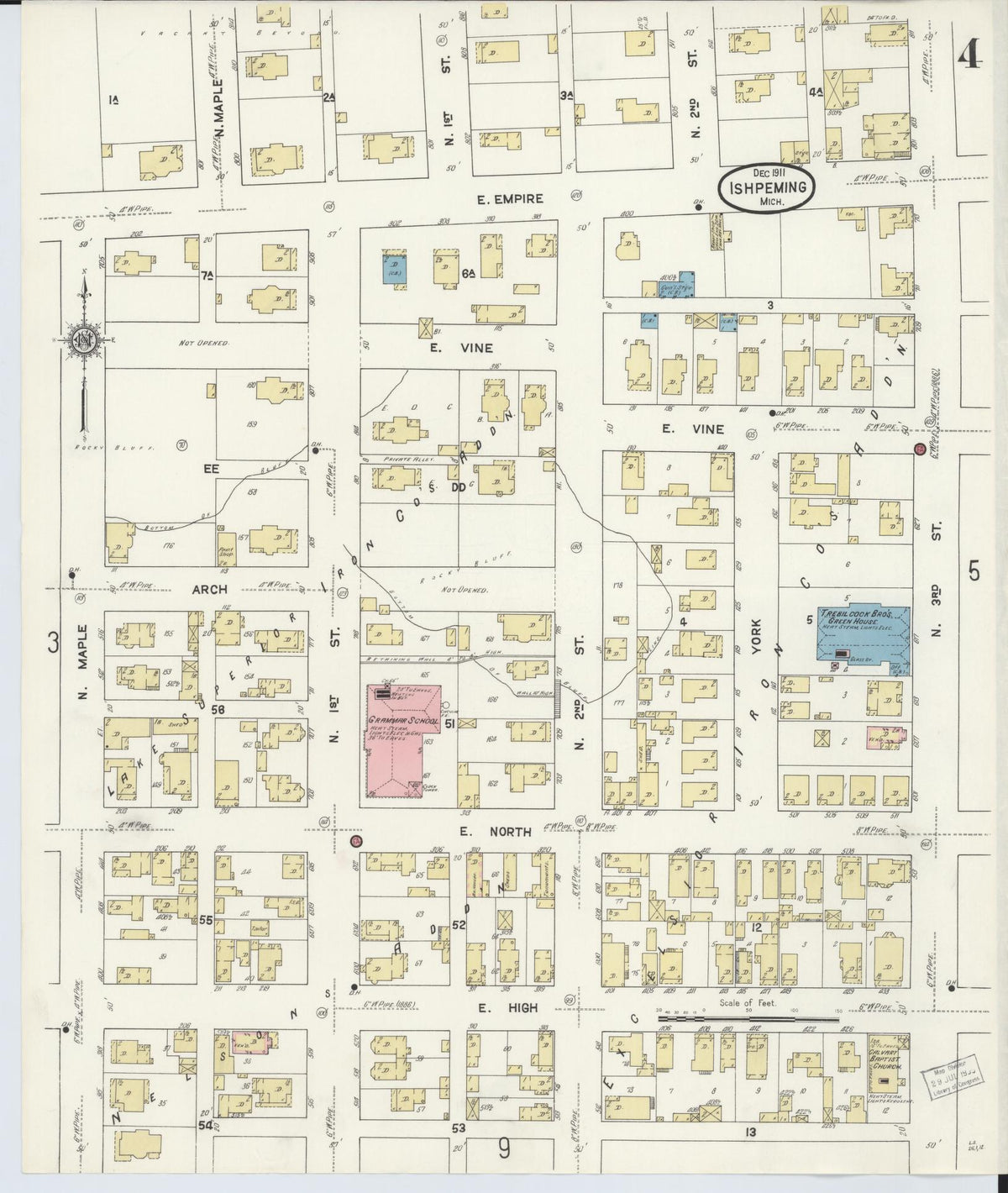 Sanborn Fire Insurance Map from Ishpeming, Marquette County, Michigan (1911), Sheet #0004 - Historic Sanborn Fire Insurance Map Print, vintage old map wall art, antique decor, genealogy gift, Michigan Michigan map