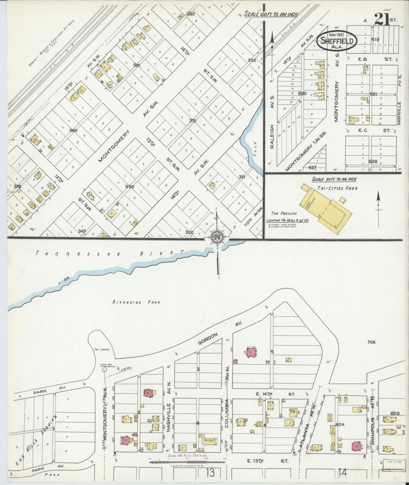 Sanborn Fire Insurance Map from Sheffield, Colbert County, Alabama (1921), Sheet #0021 - Complete Map Set gallery image, historic Sanborn map, vintage wall art, Alabama Alabama