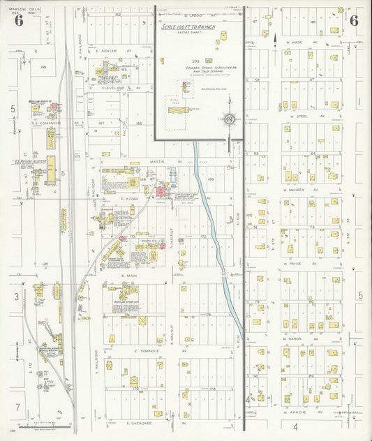 Sanborn Fire Insurance Map from Marlow, Stephens County, Oklahoma (1933), Sheet #0006 - Historic Sanborn Fire Insurance Map Print, vintage old map wall art, antique decor, genealogy gift, Oklahoma Oklahoma map
