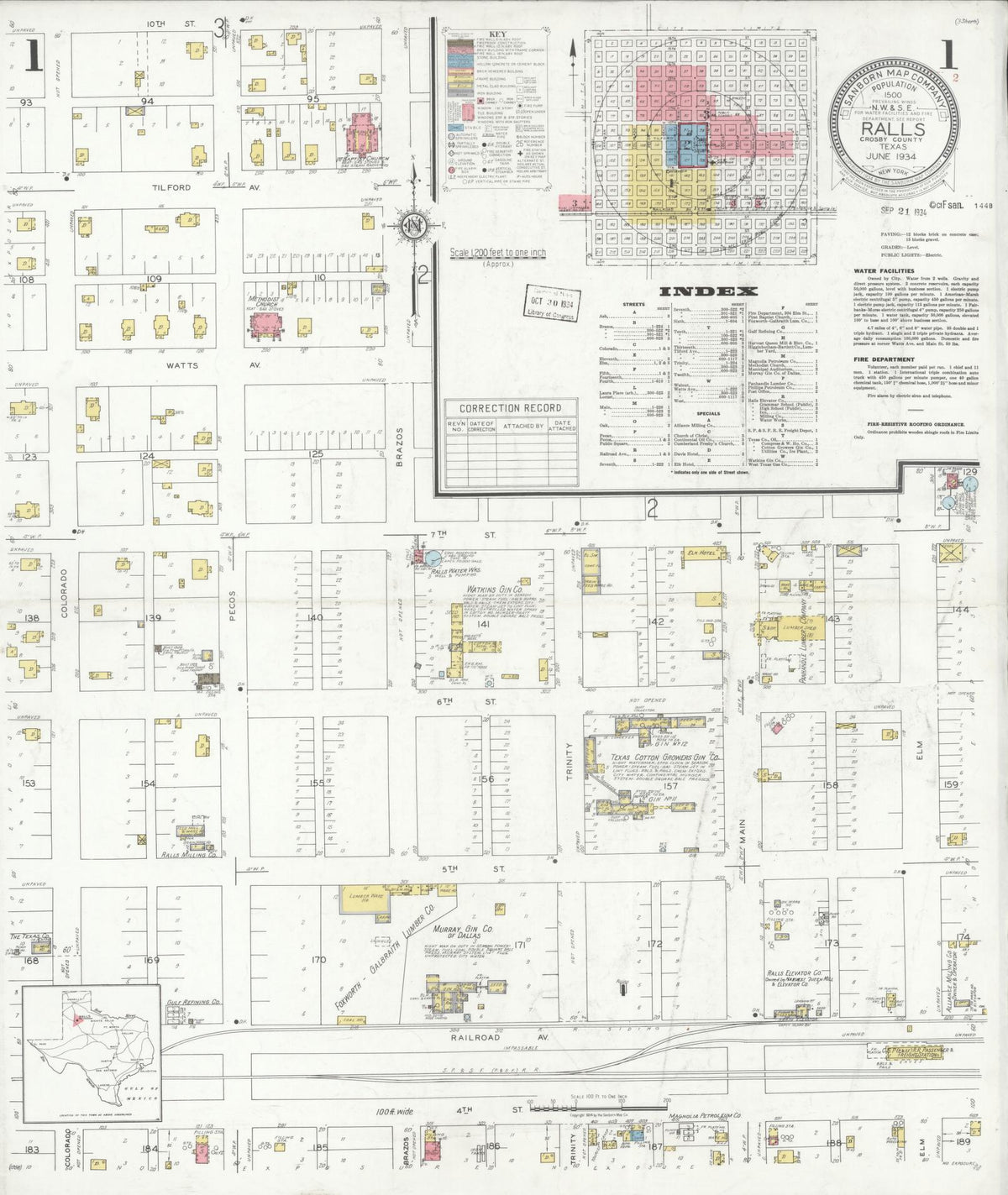Sanborn Fire Insurance Map from Ralls, Crosby County, Texas (1934), Sheet #0001 - Complete Map Set gallery image, historic Sanborn map, vintage wall art, Texas Texas