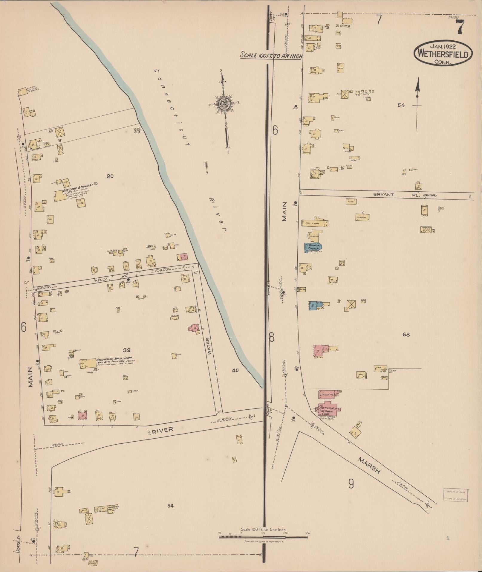 Sanborn Fire Insurance Map from Wethersfield, Hartford County, Connecticut (1922), Sheet #0007 - Historic Sanborn Fire Insurance Map Print, vintage old map wall art, antique decor, genealogy gift, Connecticut Connecticut map