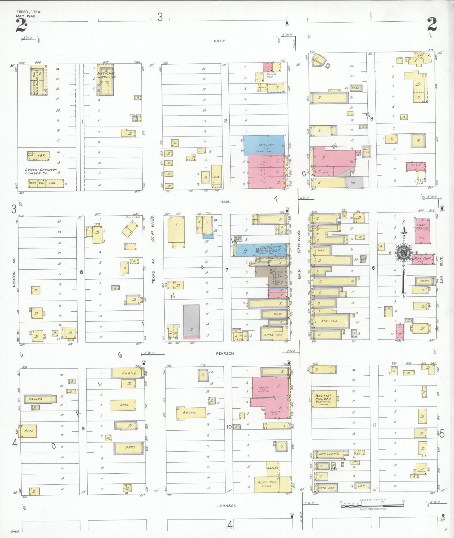 Sanborn Fire Insurance Map from Freer, Duval County, Texas (1948), Sheet #0002 - Complete Map Set gallery image, historic Sanborn map, vintage wall art, Texas Texas