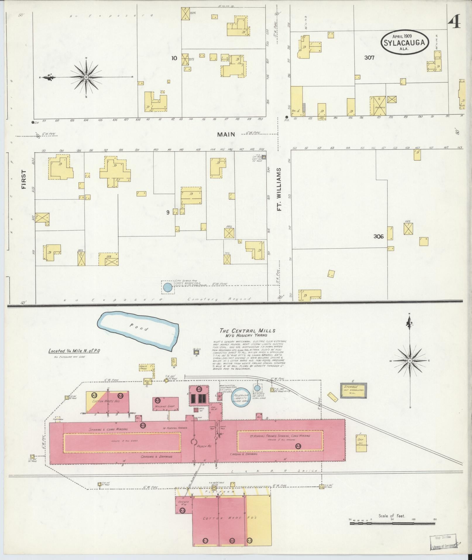 Sanborn Fire Insurance Map from Sylacauga, Talladega County, Alabama (1909), Sheet #0004 - Complete Map Set gallery image, historic Sanborn map, vintage wall art, Alabama Alabama