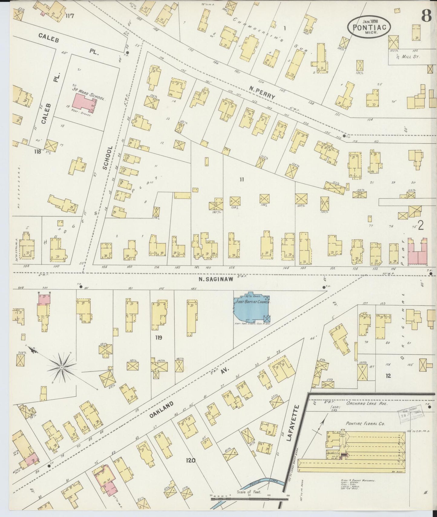 Sanborn Fire Insurance Map from Pontiac, Oakland County, Michigan (1898), Sheet #0008 - Complete Map Set gallery image, historic Sanborn map, vintage wall art, Michigan Michigan