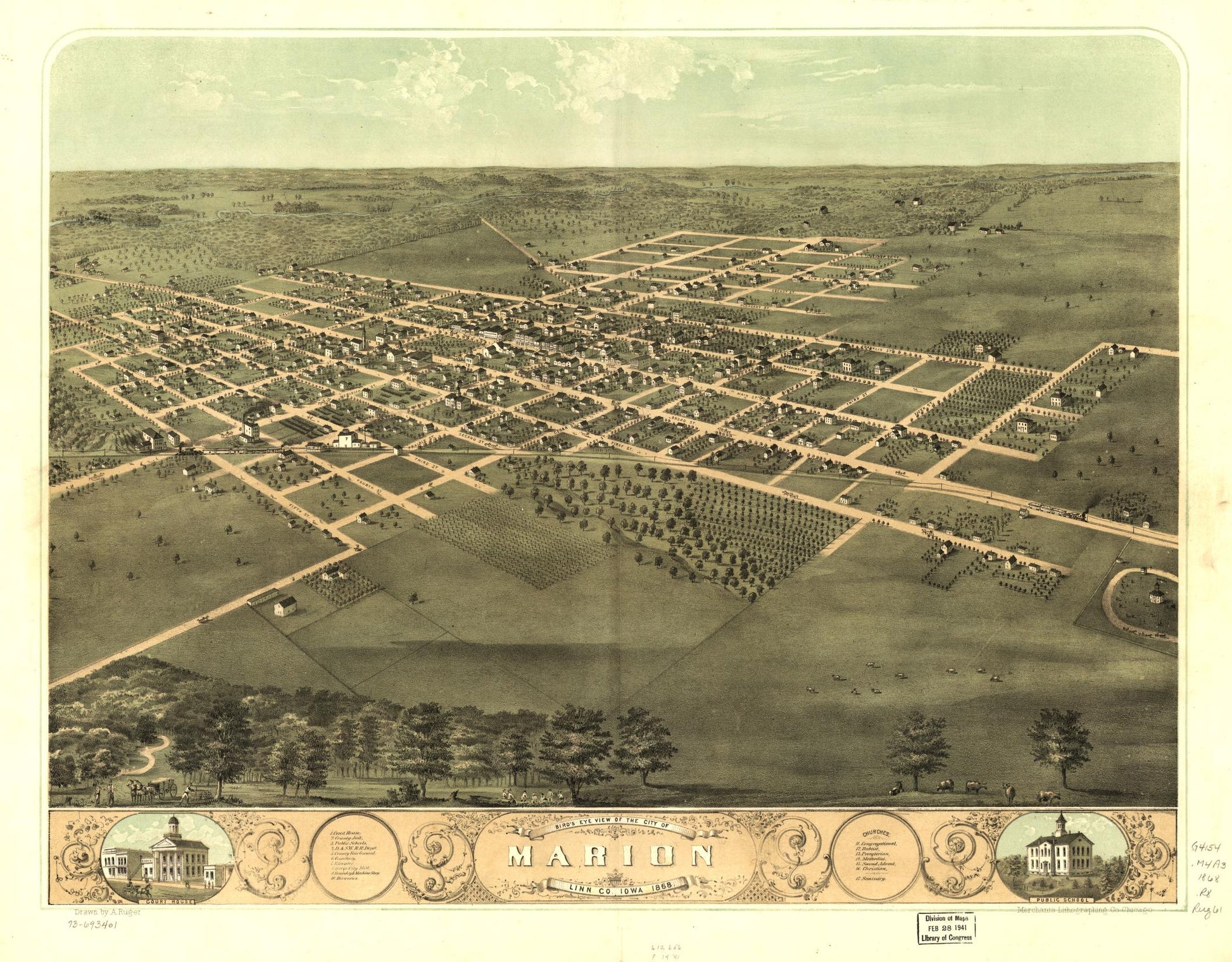 Bird's eye view of the city of Marion, Linn Co., Iowa 1868. (1868) – Historic Bird’s-Eye View Panorama Print
