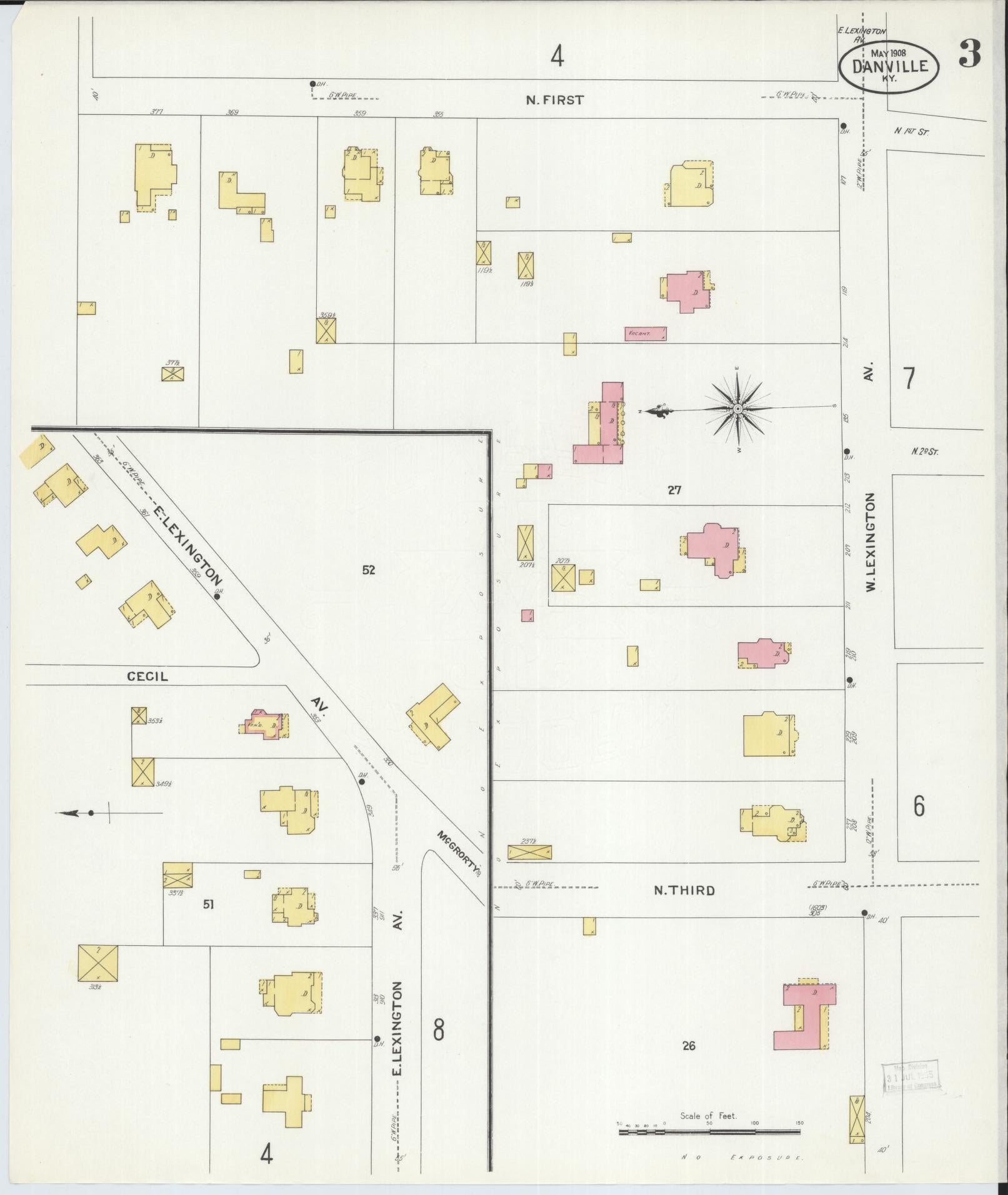 Sanborn Fire Insurance Map from Danville, Boyle County, Kentucky (1908), Sheet #0003 - Complete Map Set gallery image, historic Sanborn map, vintage wall art, Kentucky Kentucky