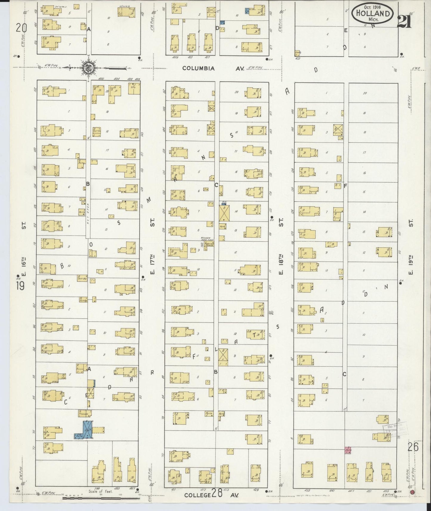 Sanborn Fire Insurance Map from Holland, Ottawa County, Michigan (1916), Sheet #0021 - Complete Map Set gallery image, historic Sanborn map, vintage wall art, Michigan Michigan