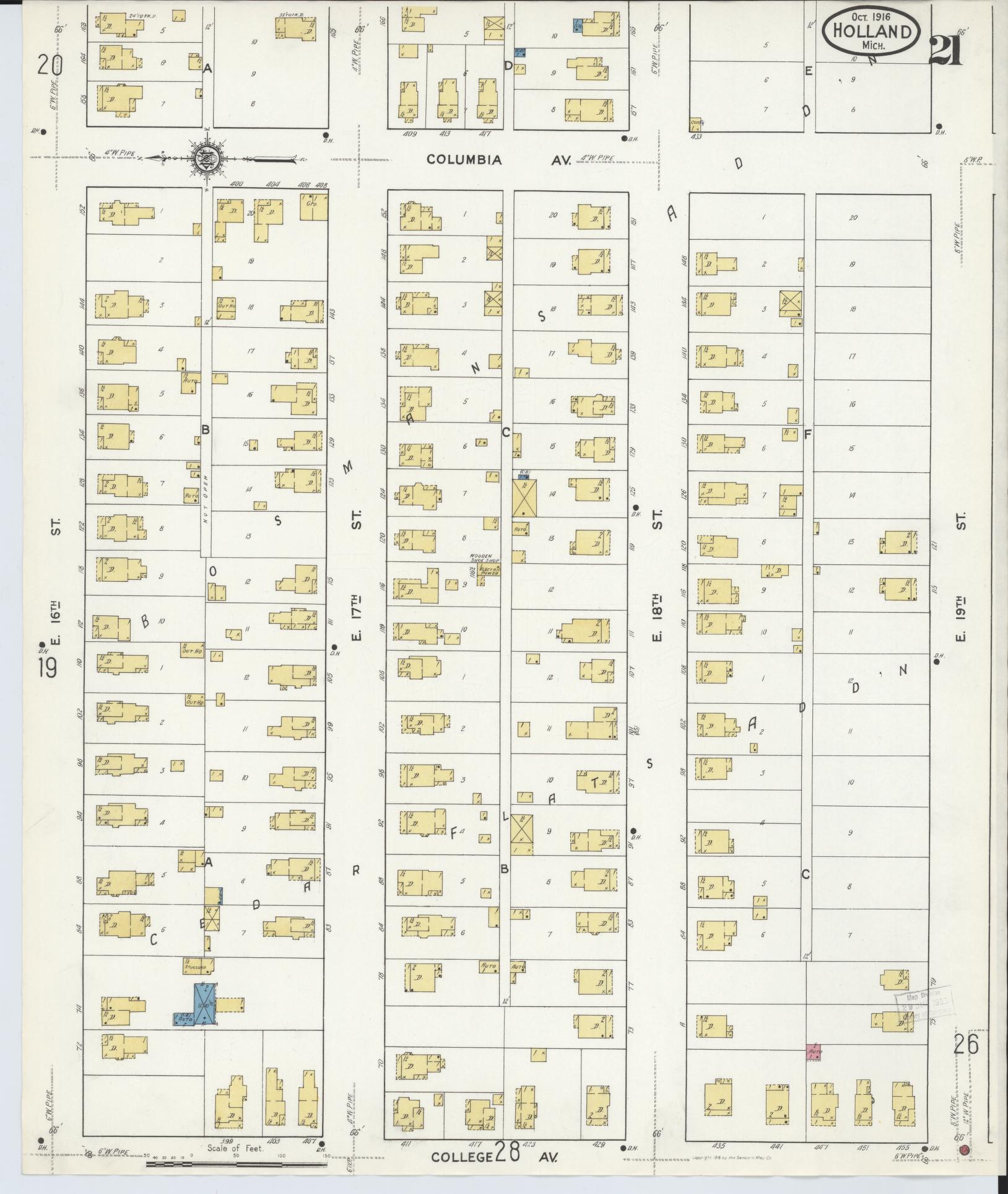 Sanborn Fire Insurance Map from Holland, Ottawa County, Michigan (1916), Sheet #0021 - Complete Map Set gallery image, historic Sanborn map, vintage wall art, Michigan Michigan