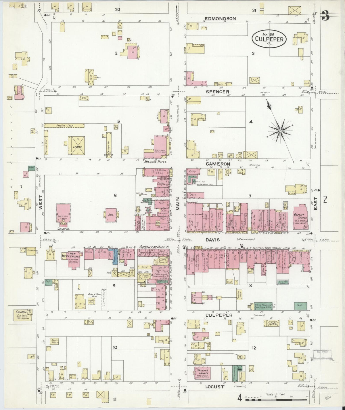 Sanborn Fire Insurance Map from Culpeper, Culpeper County, Virginia (1908), Sheet #0003 - Historic Sanborn Fire Insurance Map Print, vintage old map wall art, antique decor, genealogy gift, Virginia Virginia map