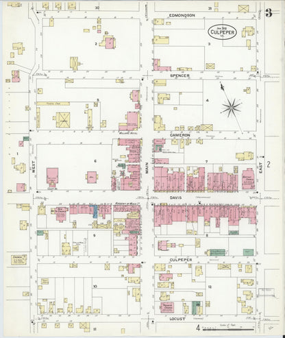 Sanborn Fire Insurance Map from Culpeper, Culpeper County, Virginia (1908), Sheet #0003 - Historic Sanborn Fire Insurance Map Print, vintage old map wall art, antique decor, genealogy gift, Virginia Virginia map