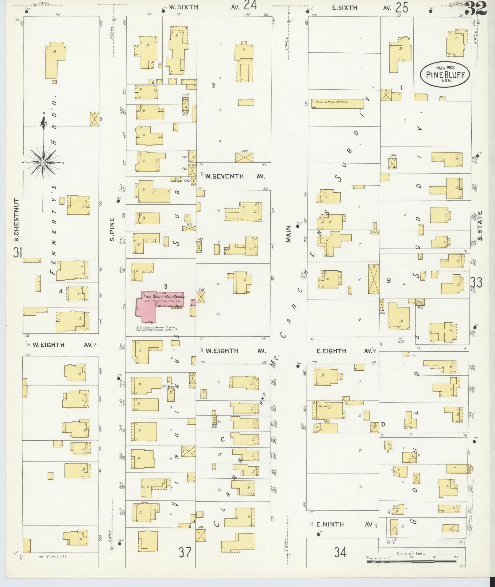 Sanborn Fire Insurance Map from Pine Bluff, Jefferson County, Arkansas (1908), Sheet #0032 - Historic Sanborn Fire Insurance Map Print, vintage old map wall art, antique decor, genealogy gift, Arkansas Arkansas map