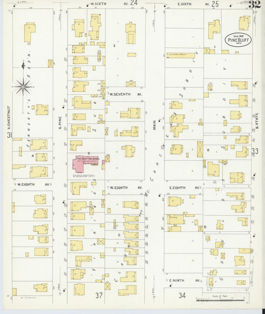Sanborn Fire Insurance Map from Pine Bluff, Jefferson County, Arkansas (1908), Sheet #0032 - Historic Sanborn Fire Insurance Map Print, vintage old map wall art, antique decor, genealogy gift, Arkansas Arkansas map