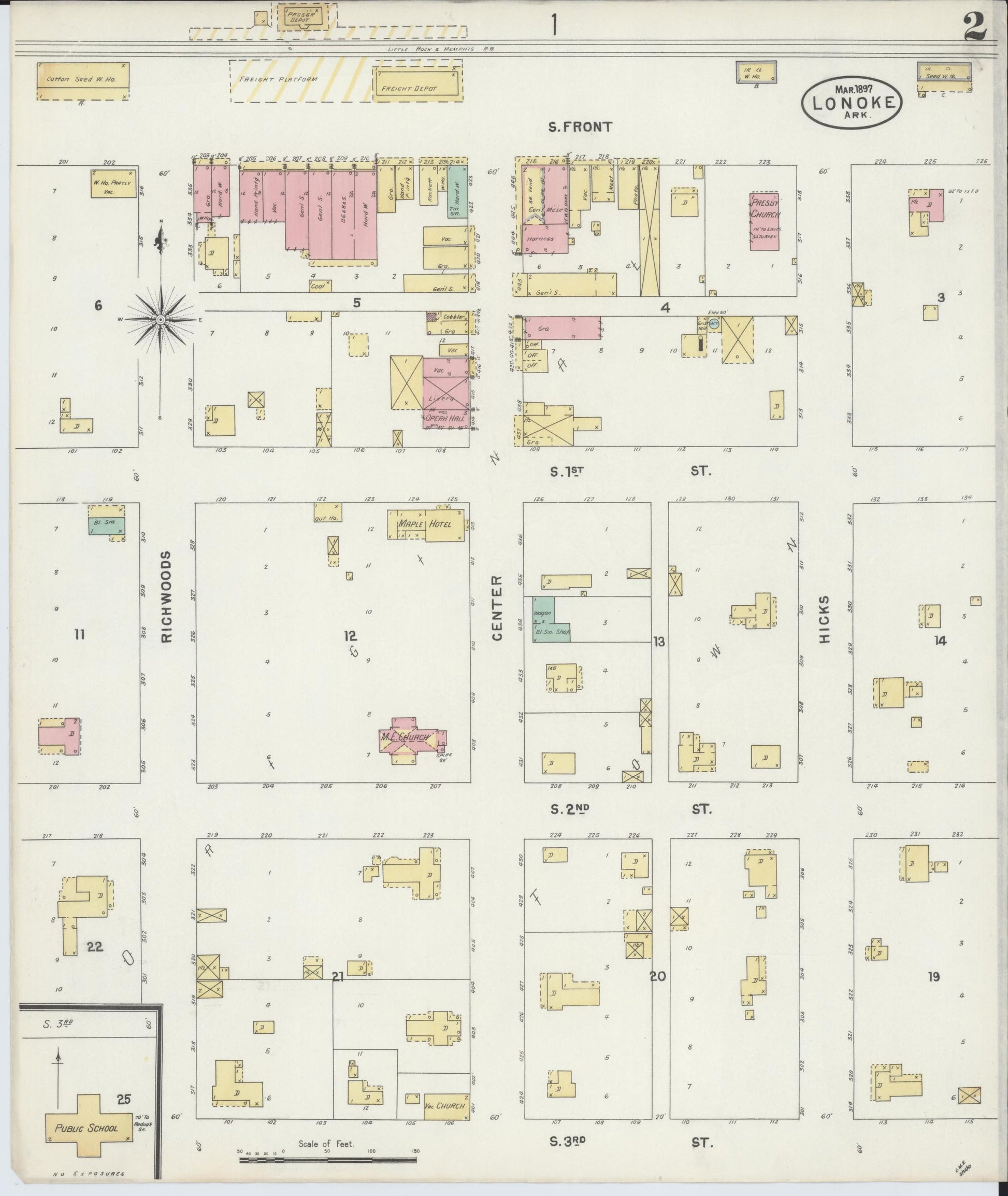 Sanborn Fire Insurance Map from Lonoke, Lonoke County, Arkansas (1897), Sheet #0002 - Historic Sanborn Fire Insurance Map Print, vintage old map wall art, antique decor, genealogy gift, Arkansas Arkansas map