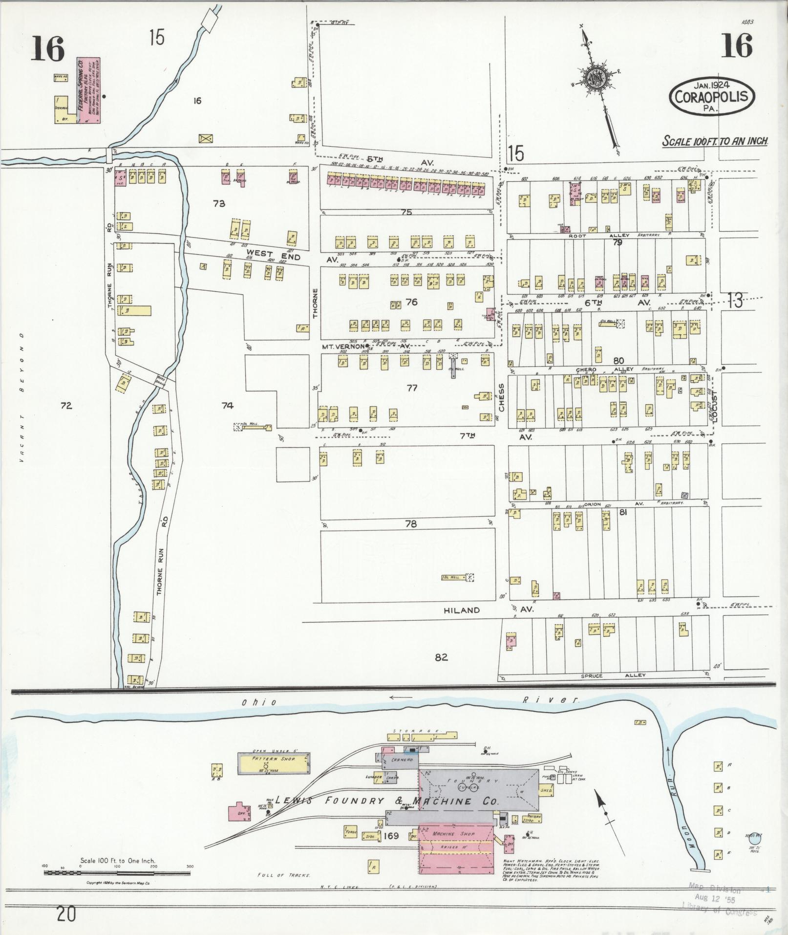 Sanborn Fire Insurance Map from Coraopolis, Allegheny County, Pennsylvania (1924), Sheet #0016 - Historic Sanborn Fire Insurance Map Print, vintage old map wall art, antique decor, genealogy gift, Pennsylvania Pennsylvania map