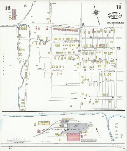 Sanborn Fire Insurance Map from Coraopolis, Allegheny County, Pennsylvania (1924), Sheet #0016 - Historic Sanborn Fire Insurance Map Print, vintage old map wall art, antique decor, genealogy gift, Pennsylvania Pennsylvania map