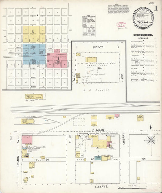 Sanborn Fire Insurance Map from Ontario, San Bernardino County, California (1893), Sheet #0001 - Historic Sanborn Fire Insurance Map Print, vintage old map wall art, antique decor, genealogy gift, California California map