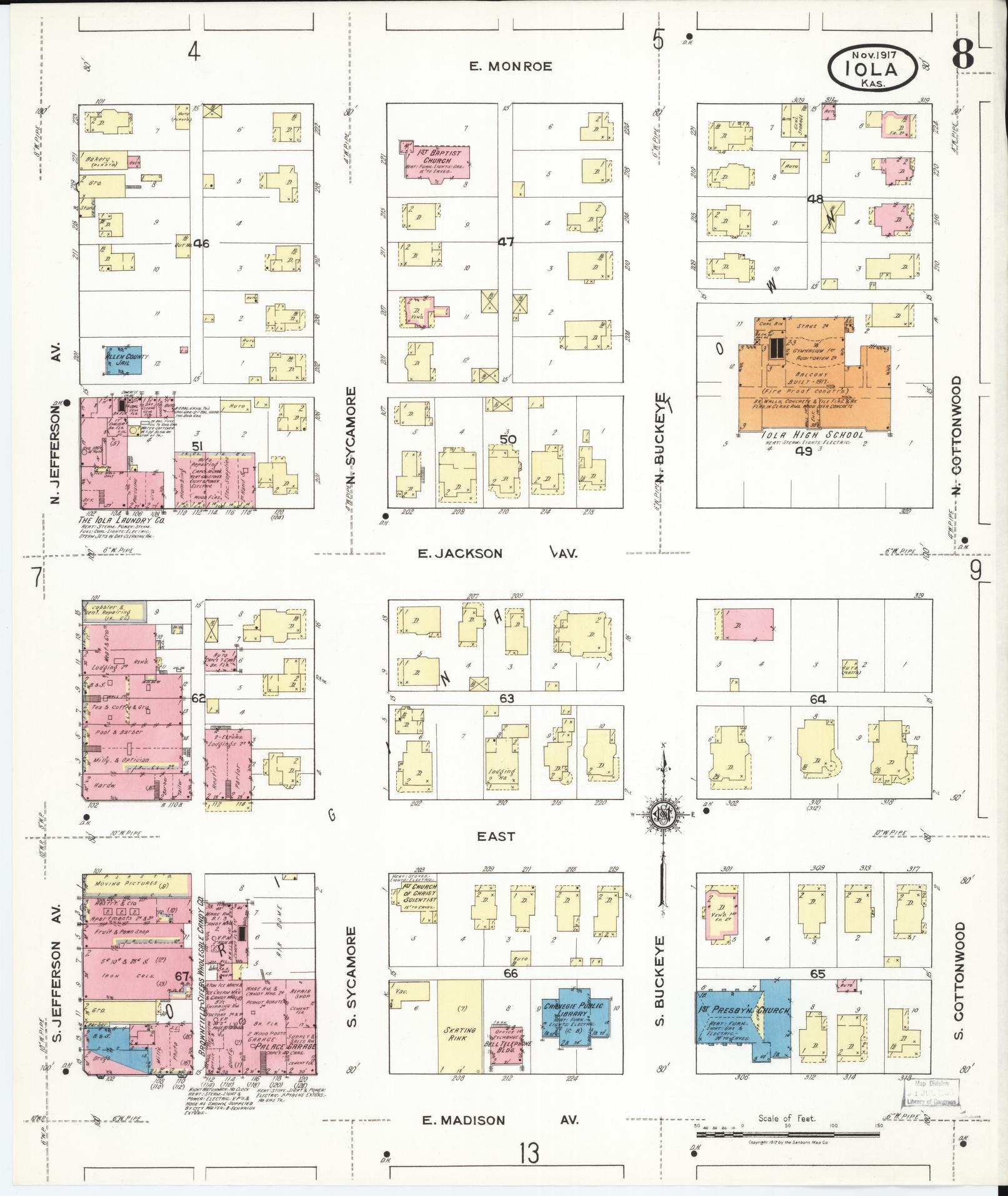 Sanborn Fire Insurance Map from Iola, Allen County, Kansas (1917), Sheet #0008 - Complete Map Set gallery image, historic Sanborn map, vintage wall art, Kansas Kansas
