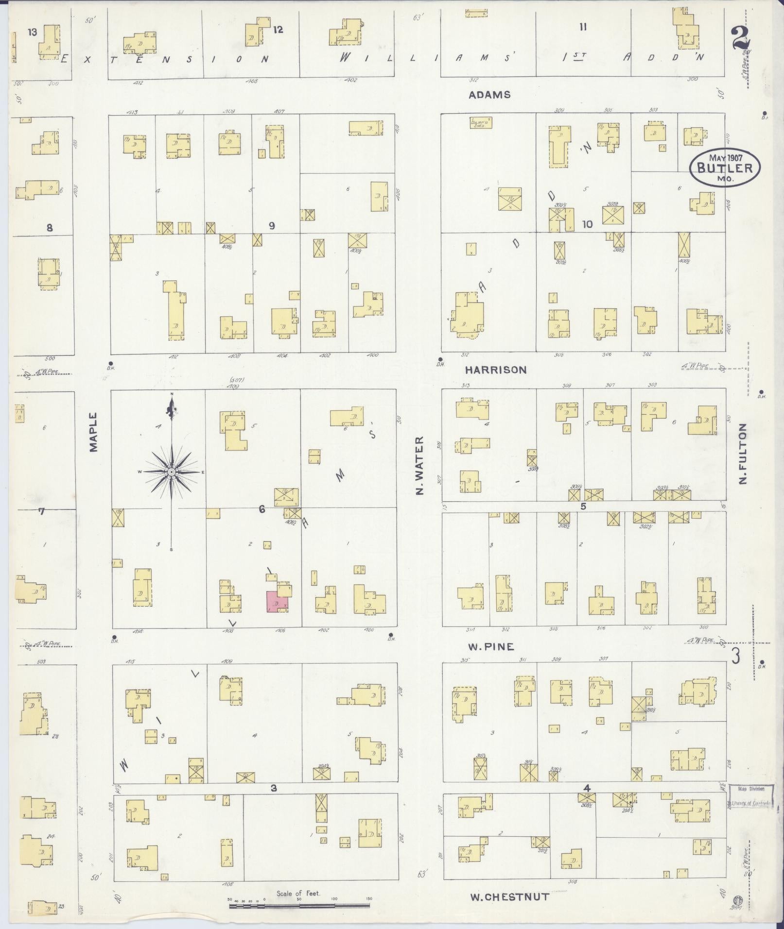 Sanborn Fire Insurance Map from Butler, Bates County, Missouri (1907), Sheet #0002 - Complete Map Set gallery image, historic Sanborn map, vintage wall art, Missouri Missouri